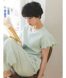 Et grenier by Samansa Mos2(エ　グルニエ　バイ　サマンサ　モスモス)/シャーリングボーダーインナーカップ付き刺繍ルームTシャツ/サックス