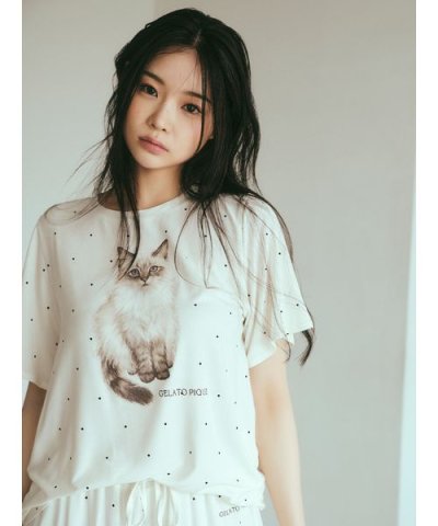 CATドット柄ワンポイントTシャツ