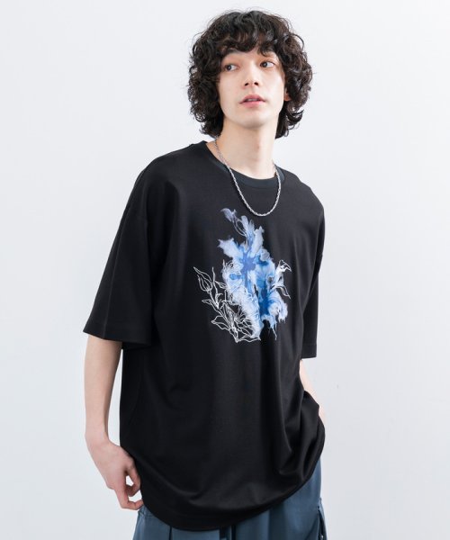 JUNRed(ジュンレッド)/フラワーデコオーバーTシャツ/ブラック（01）