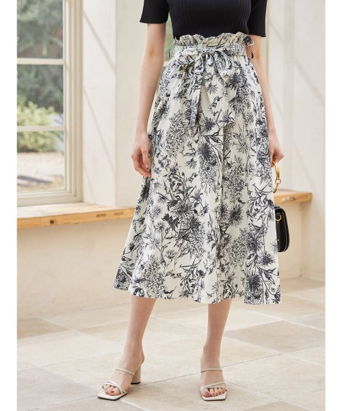 ウエストりぼん付きコットンライクフラワートワルドジュイプリント  