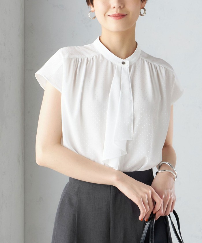 セール】〈手洗い可能〉スカーフ タイ フレンチ スリーブ ブラウス  