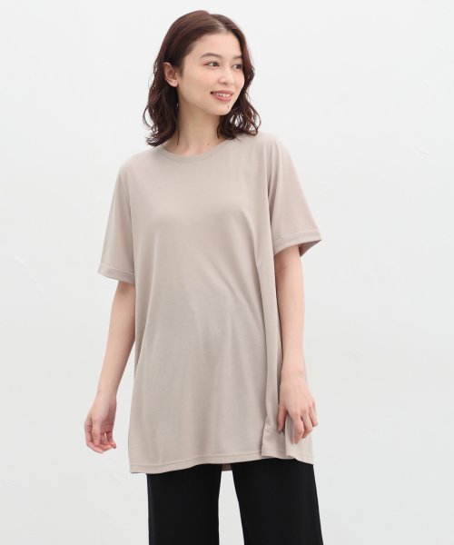 Honeys(ハニーズ)/汗ジミ軽減チュニック Tシャツ レディース 半袖 汗じみ 防止 目立たない 夏 /ベージュ