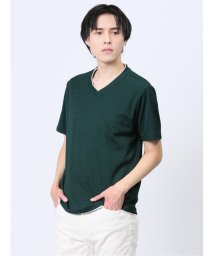 m.f.editorial(エムエフエディトリアル)/ジャガード千鳥 フェイクVネック半袖Tシャツ/グリーン