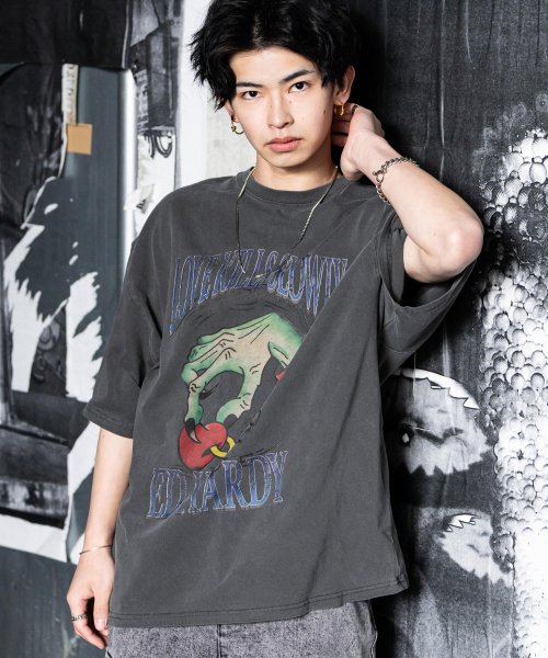 Rocky Monroe(ロッキーモンロー)/プリントTシャツ 半袖 メンズ レディース カットソー ビッグシルエット オーバーサイズ クールネック スカル イーグル ラビット ハンド 蜘蛛 ロゴ カジュア/チャコールグレー系3