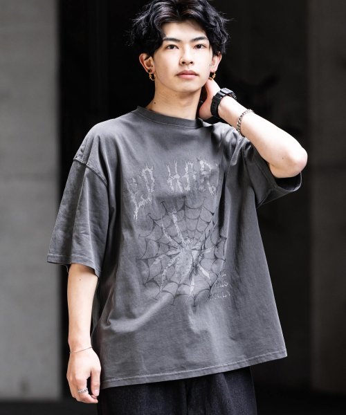 Rocky Monroe(ロッキーモンロー)/プリントTシャツ 半袖 メンズ レディース カットソー ビッグシルエット オーバーサイズ クールネック スカル イーグル ラビット ハンド 蜘蛛 ロゴ カジュア/チャコールグレー系5