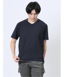 m.f.editorial(エムエフエディトリアル)/ジャガードヘリンボン フェイクVネック半袖Tシャツ/ネイビー