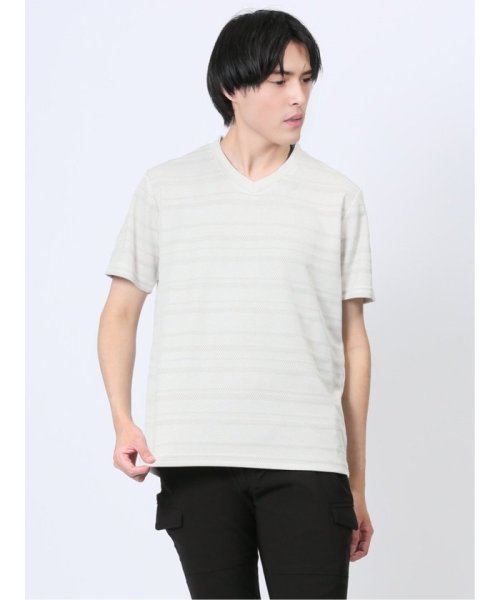 m.f.editorial(エムエフエディトリアル)/メッシュボーダー フェイクVネック半袖Tシャツ メンズ Tシャツ カットソー カジュアル インナー トップス ギフト プレゼント/ベージュ