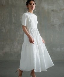 DRESS+(ドレス プラス)/2素材ドッキングワンピース 半袖 ロング丈/ホワイト