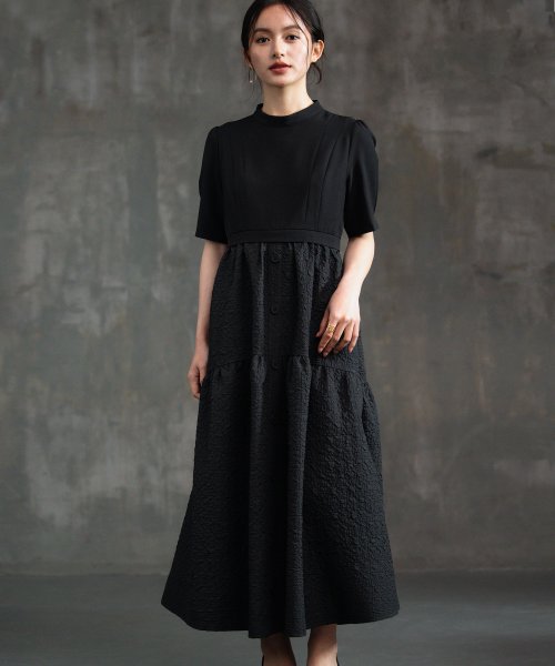 DRESS+(ドレス プラス)/2素材ドッキングワンピース 半袖 ロング丈/ブラック