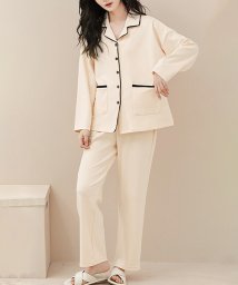 Amulet(アミュレット)/バイカラールームウェアセット レディース 10代 20代 30代 韓国ファッション カジュアル かわいい 長袖 部屋着 パジャマ ウエストゴム 楽ちん/ホワイト