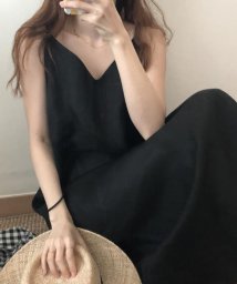JUNOAH(ジュノア)/麻レーヨンキャミソールマキシ丈ワンピース 韓国ファッション/ブラック