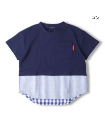 moujonjon(ムージョンジョン)/【子供服】 moujonjon (ムージョンジョン) チェック・ストライプ柄切替半袖Tシャツ 80cm～140cm M32821/ネイビー