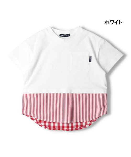 moujonjon(ムージョンジョン)/【子供服】 moujonjon (ムージョンジョン) チェック・ストライプ柄切替半袖Tシャツ 80cm～140cm M32821/ホワイト