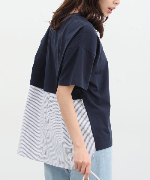 Honeys(ハニーズ)/異素材使いＴシャツ トップス カットソー 半袖 接触冷感 重ね着風 レディース 夏 /ネイビー