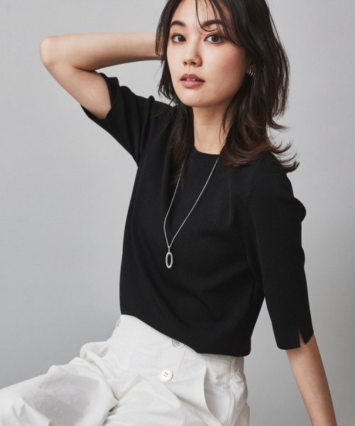 【清涼感／5分袖】袖スリット　ハイゲージプルオーバーニット 