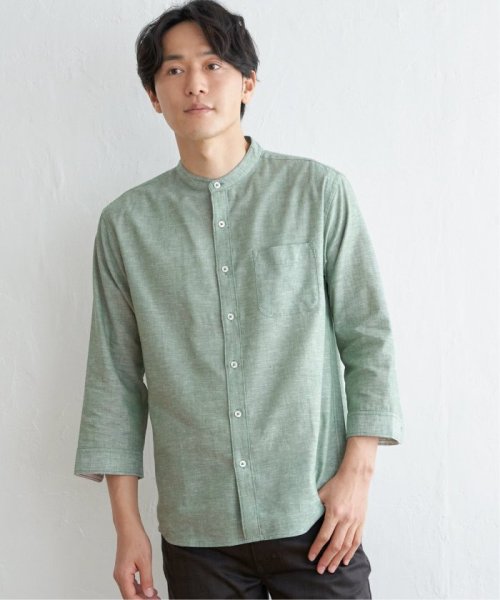 ikka(イッカ)/【速乾】7分袖イージーケアリネンバンドカラーシャツ/グリーン