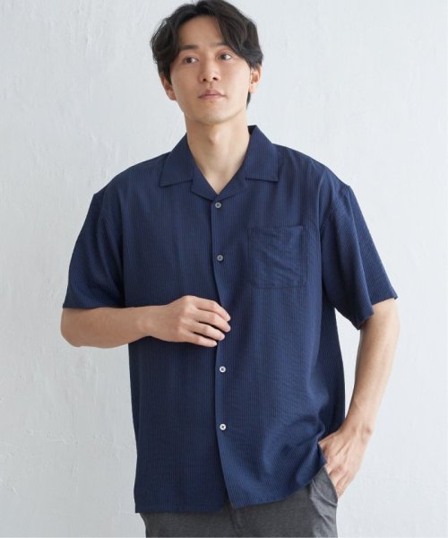 ikka(イッカ)/シャドーストライプオープンカラーシャツ/ネイビー