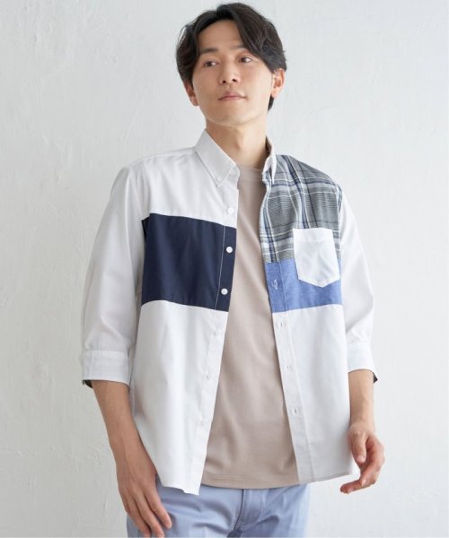 ikka(イッカ)/7分袖ブロックス切り替えシャツ/ホワイト