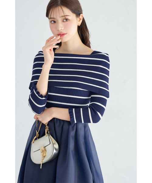 tocco closet(トッコクローゼット)/オフショルボーダーリブニット×オーガンジードッキングワンピース/NAVY