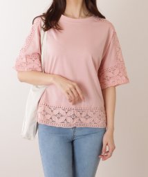 Lace Ladies/ラウンドネック レース ドッキング 半袖 プルオーバー/506085098