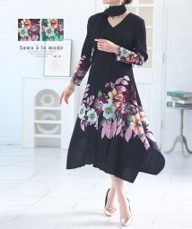 Sawa a la mode(サワアラモード)/ボウタイ付き花柄プリーツワンピース　レディース 大人 上品/ブラック