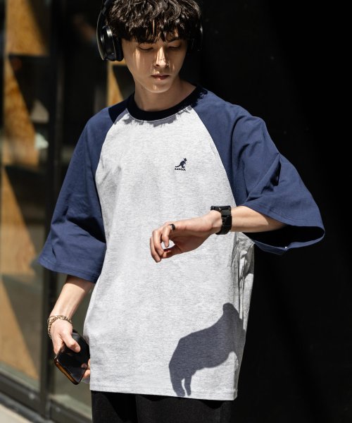 Rocky Monroe(ロッキーモンロー)/KANGOL カンゴール Tシャツ 半袖 メンズ レディース カットソー オーバーサイズ ビッグシルエット リラックス ゆったり ラグラン クルーネック ロゴ刺/オートミール×ネイビー1