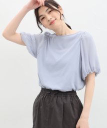 Honeys(ハニーズ)/袖異素材Ｔシャツ トップス カットソー 半袖 ボリューム袖 UVカット 無地 綿混素材 /サックス