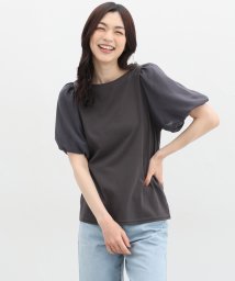 Honeys(ハニーズ)/袖異素材Ｔシャツ トップス カットソー 半袖 ボリューム袖 UVカット 無地 綿混素材 /ブラック系1