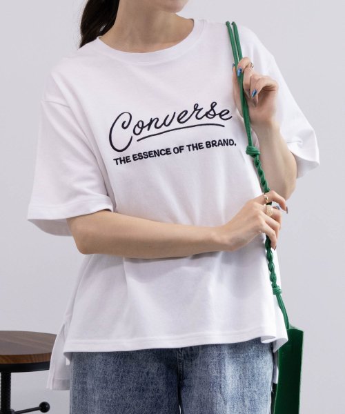 MAC HOUSE(women)(マックハウス（レディース）)/CONVERSE コンバース ポンチ素材 ロゴ刺繍Tシャツ 4282－9806/ホワイト