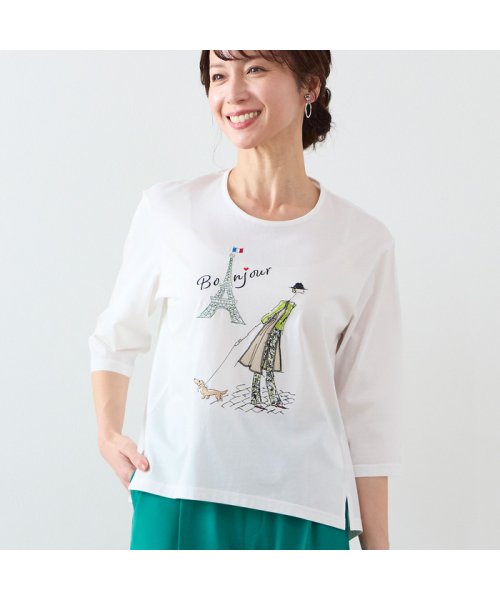 LOBJIE(ロブジェ)/Lobin刺繍 Tシャツ（お散歩）/ホワイト