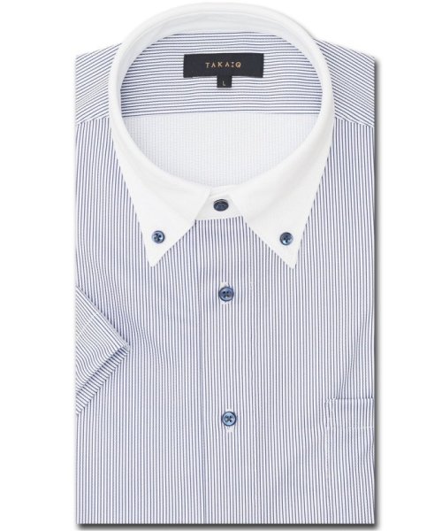 TAKA-Q(タカキュー)/クールパス スタンダードフィット ボタンダウン半袖ニットシャツ 半袖 シャツ メンズ ワイシャツ ビジネス ノーアイロン 形態安定 yシャツ 速乾/ブルー