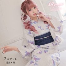 Rew-You/浴衣 グレー 花柄 くすみ 大人かわいい 牡丹 ギャル浴衣 あいさ 今日好き 青 2点セット Ryuyu/506096515