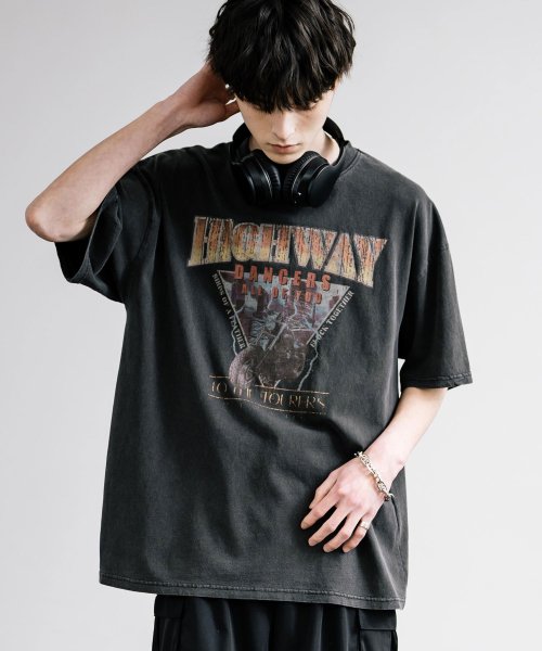 Rocky Monroe(ロッキーモンロー)/プリントTシャツ 半袖 バンドT メンズ レディース カットソー ビッグシルエット オーバーサイズ クールネック ピグメント加工 ケミカル加工 イーグル バイク/チャコールグレー系1