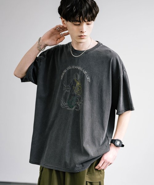 Rocky Monroe(ロッキーモンロー)/Tシャツ 半袖 刺繍 メンズ レディース 長袖 カットソー ビッグシルエット オーバーサイズ コットン ピグメント加工 ストリート カジュアル ペア お揃い ギ/チャコールグレー系1