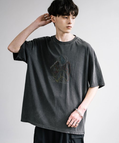 Rocky Monroe(ロッキーモンロー)/Tシャツ 半袖 刺繍 メンズ レディース 長袖 カットソー ビッグシルエット オーバーサイズ コットン ピグメント加工 ストリート カジュアル ペア お揃い ギ/チャコールグレー