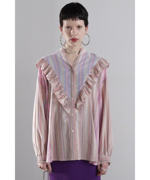 マルチカラーストライプ パネルフリルシャツ 