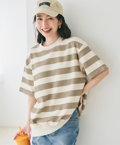 coca(コカ)/ボーダークルーネックTシャツ（リブ/半袖/伸縮性/シンプル/ゆったり/ぽこぽこ）/BEIGE