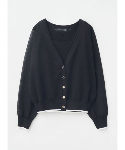 シアーカーディガンアンサンブル 商品説明さりげなく透ける肌に涼やかな色っぽさ薫るシアーニットカーディガンと、スクエアネックが大人顔なニット TM1438717852(11000円)