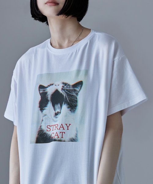 etoll.(エトル)/etoll. エトル 猫プリントビッグTシャツ トップス Tシャツ カットソー 半袖 綿混 プリント 猫 ねこ ビッグシルエット オーバーサイズ ルーズ ゆった/オフホワイト