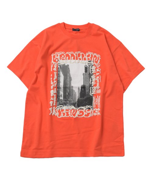 GLAZOS(グラソス)/【防汚加工】リゾートフロントプリント半袖Tシャツ/オレンジ