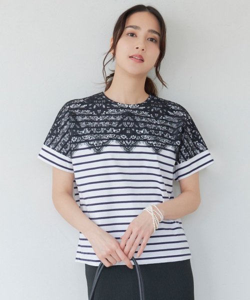 JIYU-KU (自由区)/【カタログ掲載・洗える】レース Tシャツ/オフ×ネイビーボーダー