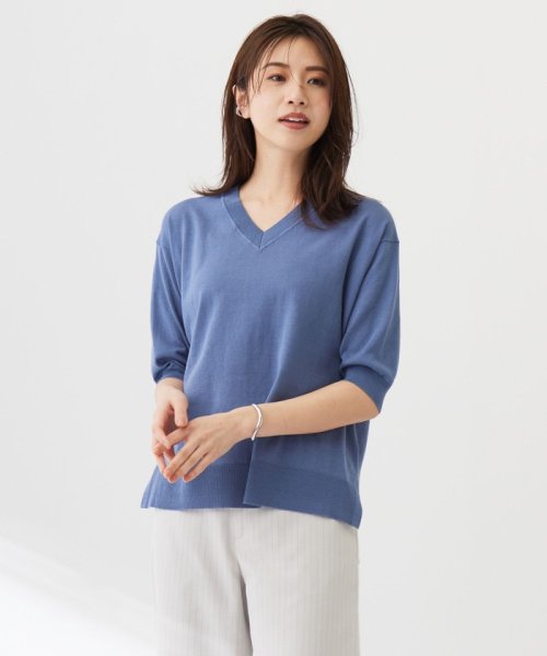 J.PRESS LADIES(J．プレス　レディス)/【洗える】COTTON LINEN Vネック ニット/ダルブルー系