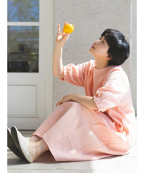 Et grenier by Samansa Mos2(エ　グルニエ　バイ　サマンサ　モスモス)/ダブルガーゼ配色刺繍ルームワンピース/オレンジ