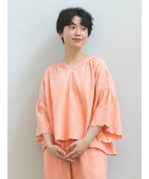 Et grenier by Samansa Mos2(エ　グルニエ　バイ　サマンサ　モスモス)/ダブルガーゼ配色刺繍ルームブラウス/オレンジ