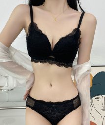 Lace Ladies/リボン ギャザー カットアウト フラワー レース ブラジャー&ショーツ セット/506099168