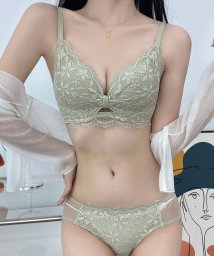 Lace Ladies(レースレディース)/リボン ギャザー カットアウト フラワー レース ブラジャー&ショーツ セット/グリーン