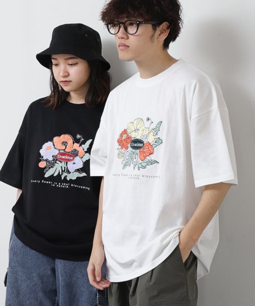 ZIP FIVE(ジップファイブ)/フラワー刺繍Tシャツ/ホワイト