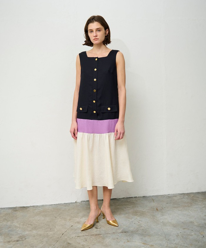 GRACECONTINENTAL リネンタッチ配色ワンピース ネイビー 36 GRACECONTINENTAL リネンタッチ配色ワンピース ネイビー 36