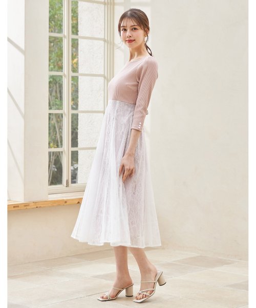 tocco closet(トッコクローゼット)/リボン＆パール付きハイウエスト切り替えレースドッキング七分袖ワンピース/PINKBEIGE