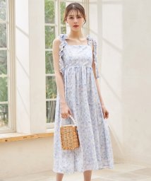 tocco closet(トッコクローゼット)/肩フリルリボン水彩フラワープリントマキシワンピース/L-blue